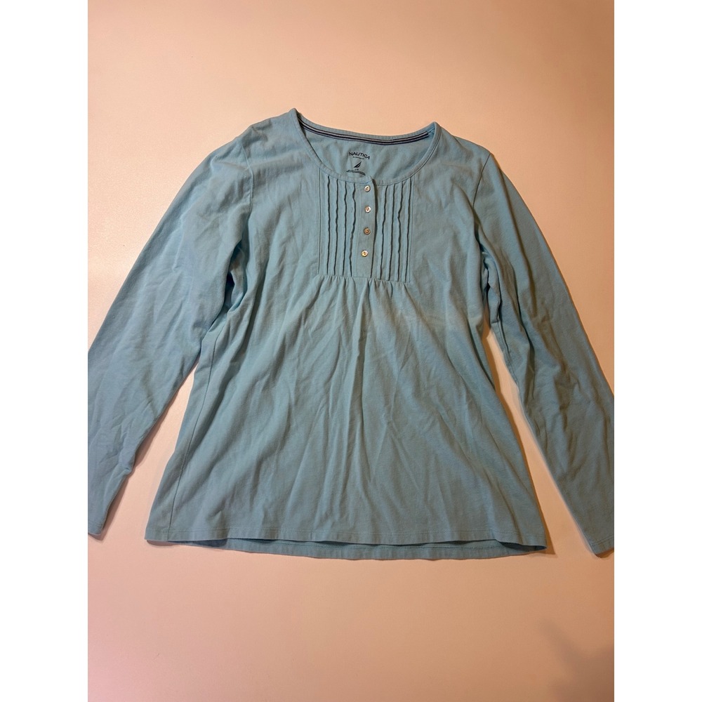 Nautica Sleepwear Top Women's Large Blue Pleated Henley Long Sleeve Cotton